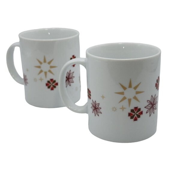 Starbucks Vintage Poinsettia Ceramic Coffee Mug Set Of 2pc 12oz Gold Red White - Picture 7 of 14